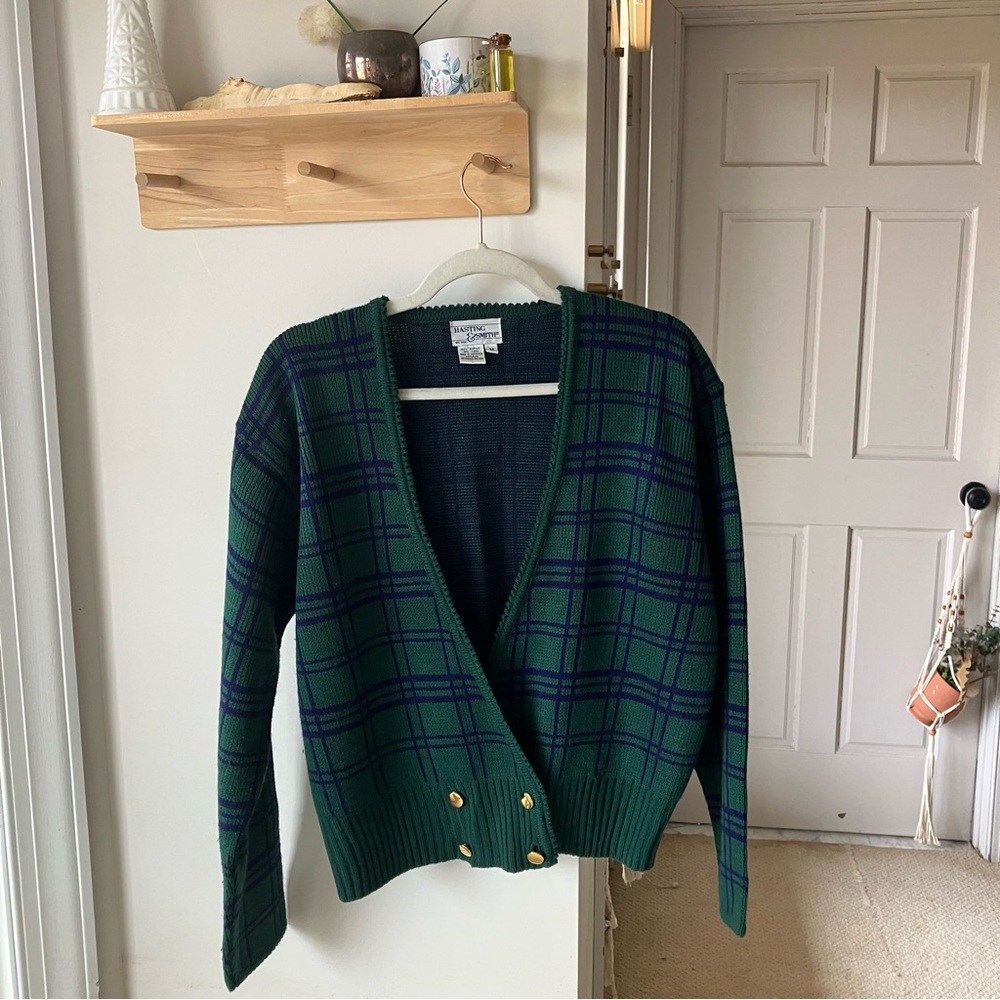 Vintage  Green and Navy Plaid Cardigan